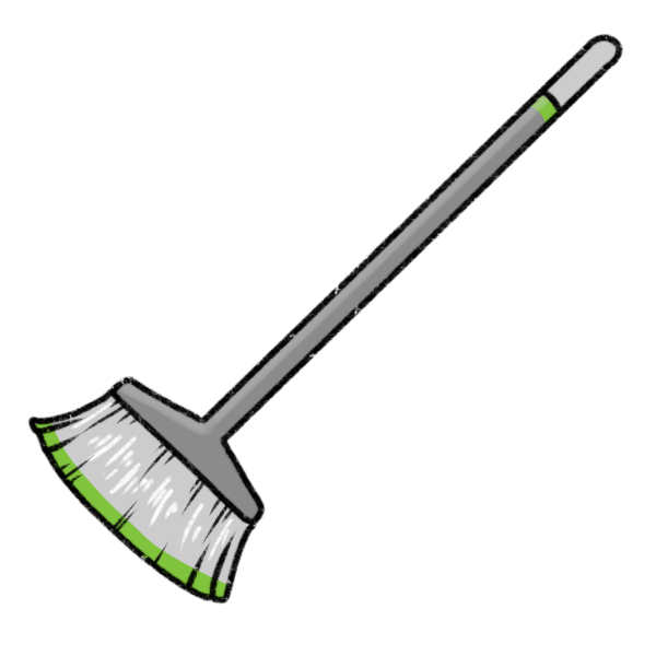 a grey broom with green accents, and a flat brush.